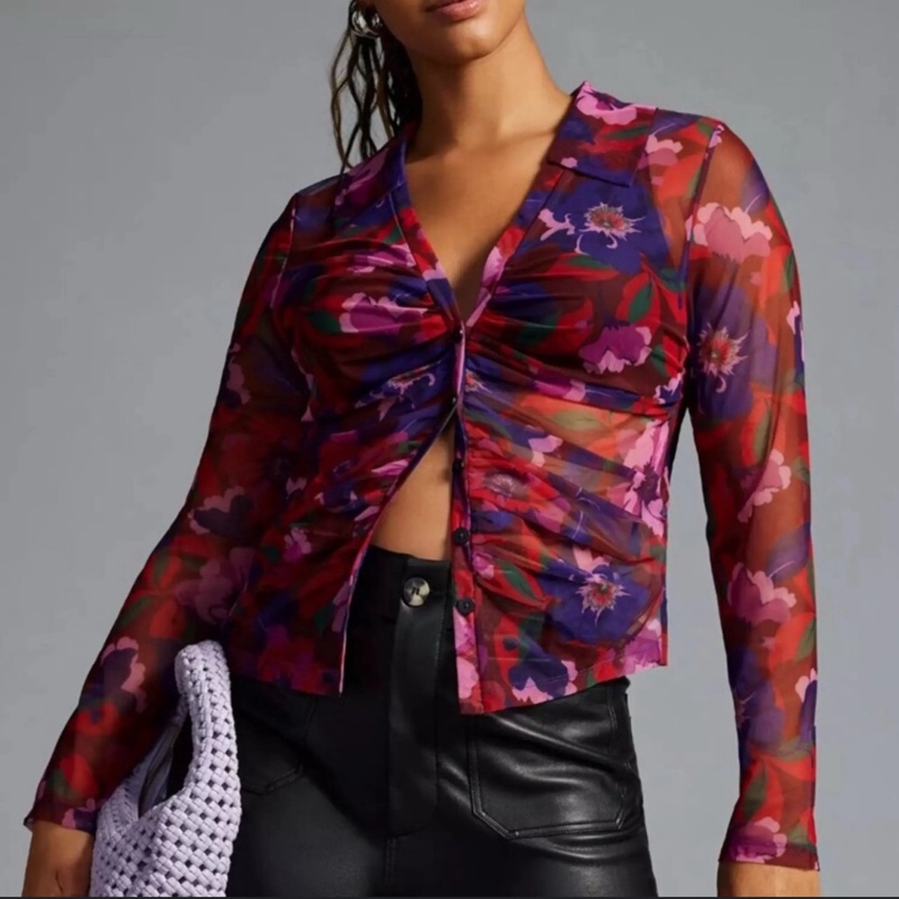 Maeve by Anthropologie Sheer Ruched Buttondown Blouse